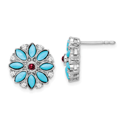 14k White Gold Turquoise/Creat. Ruby/Wht. Topaz Floral Earrings EM7423-BTQ/CRU-W