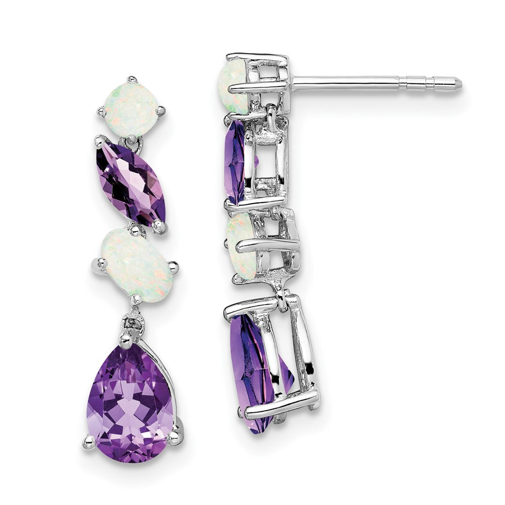 Solid 14k White Gold Simulated Amethyst and Opal Dangle Earrings