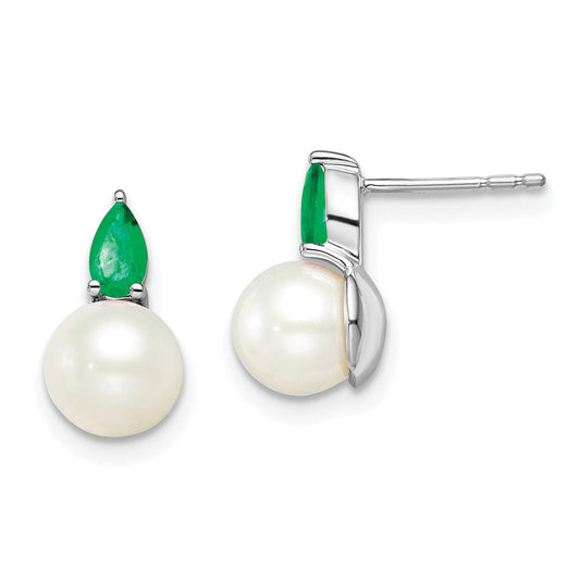 14k White Gold FWC Pearl and Emerald Post Earrings EM8094-EM-W