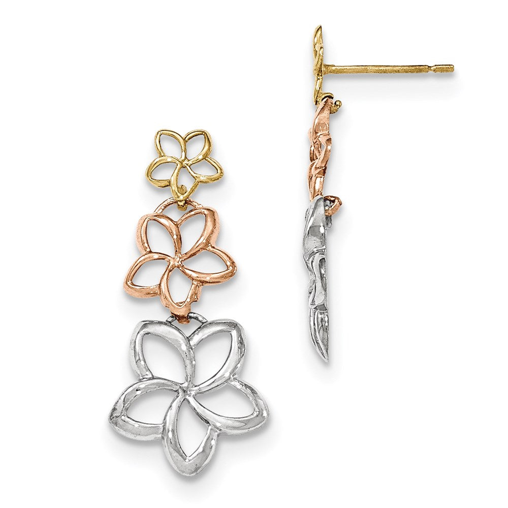 14k Tri-Color Gold Polished D/C Flower Post Dangle Earrings
