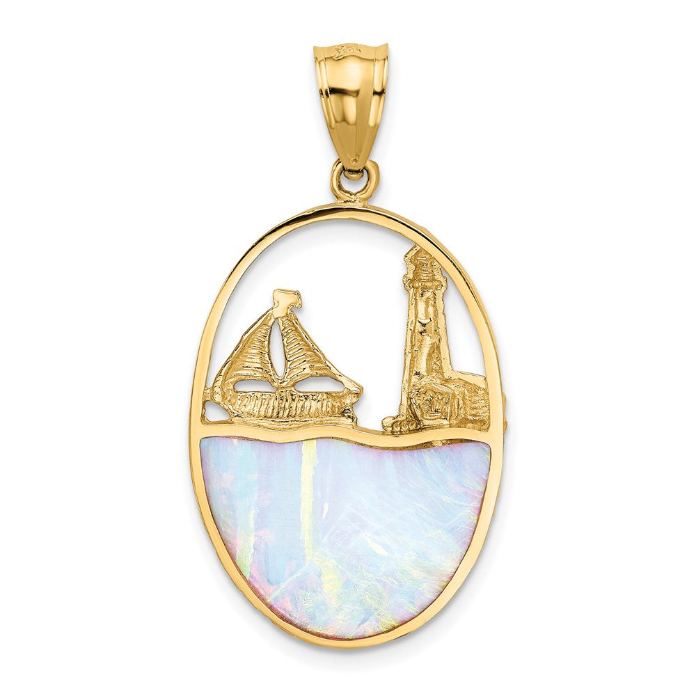 14k Yellow Gold Lab Created Opal Lighthouse Sailboat Pendant