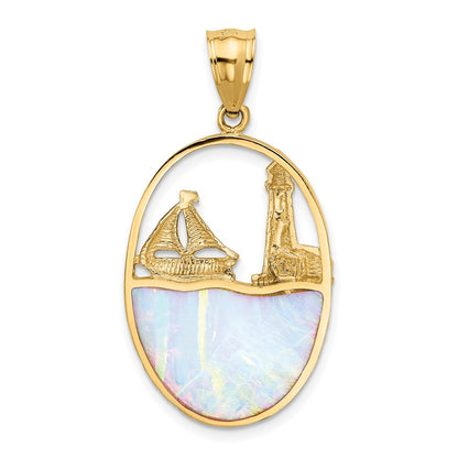 14k Yellow Gold Lab Created Opal Lighthouse Sailboat Pendant