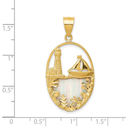 14k Yellow Gold Lab Created Opal Lighthouse Sailboat Pendant