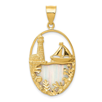 14k Yellow Gold Lab Created Opal Lighthouse Sailboat Pendant