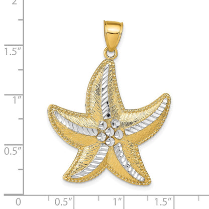 14k Yellow & Rhodium Gold and Rhodium Diamond-Cut Textured Starfish Pendant