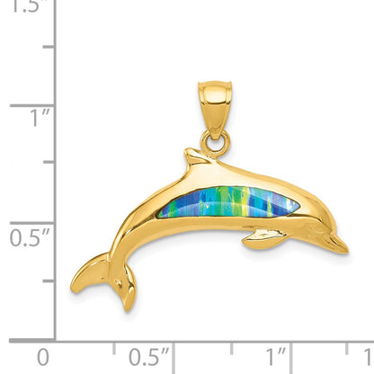 14k Yellow Gold Lab Created Opal Dolphin Pendant