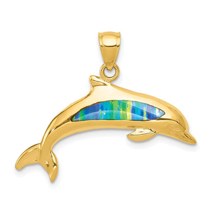 14k Yellow Gold Lab Created Opal Dolphin Pendant