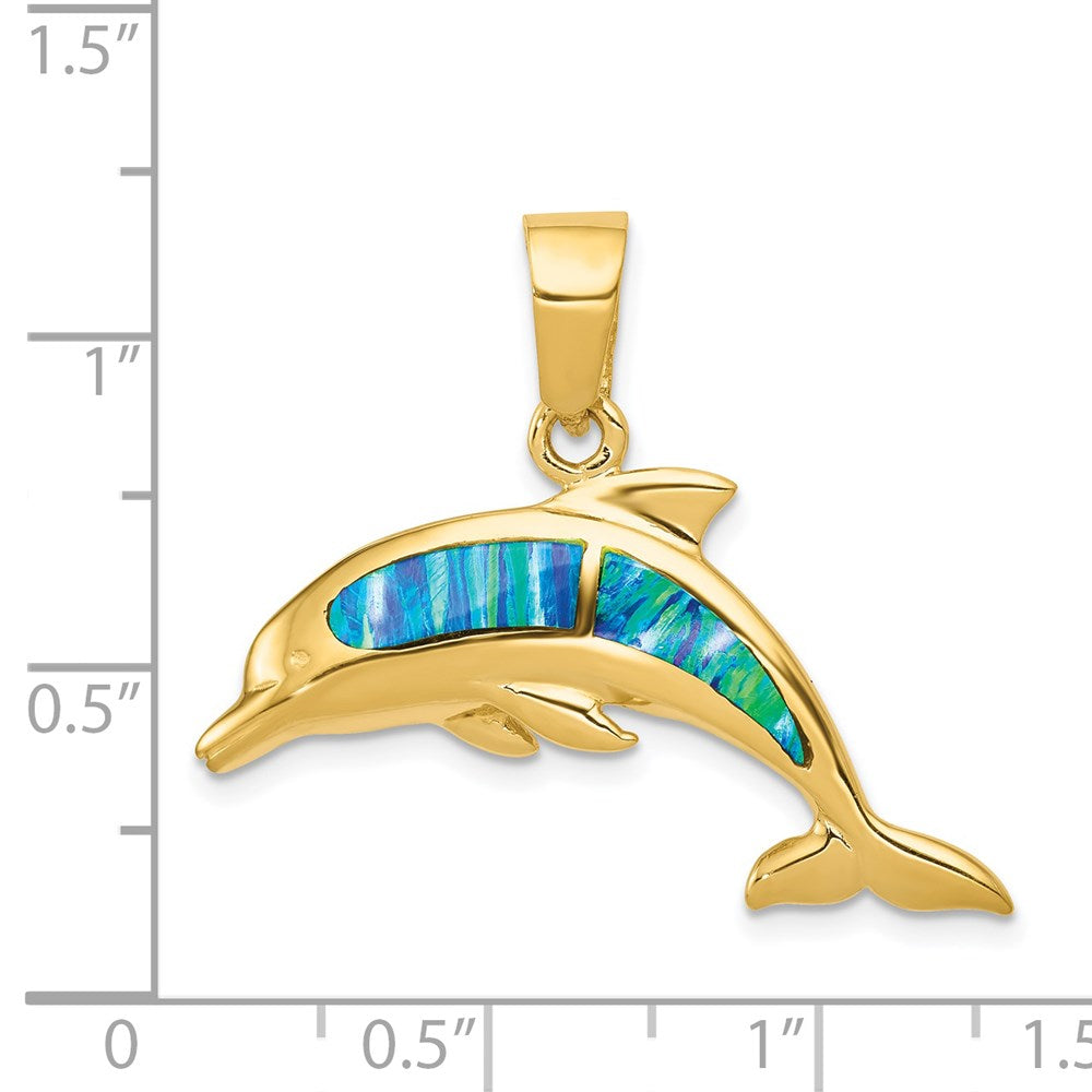 14k Yellow Gold Lab Created Opal Dolphin Pendant