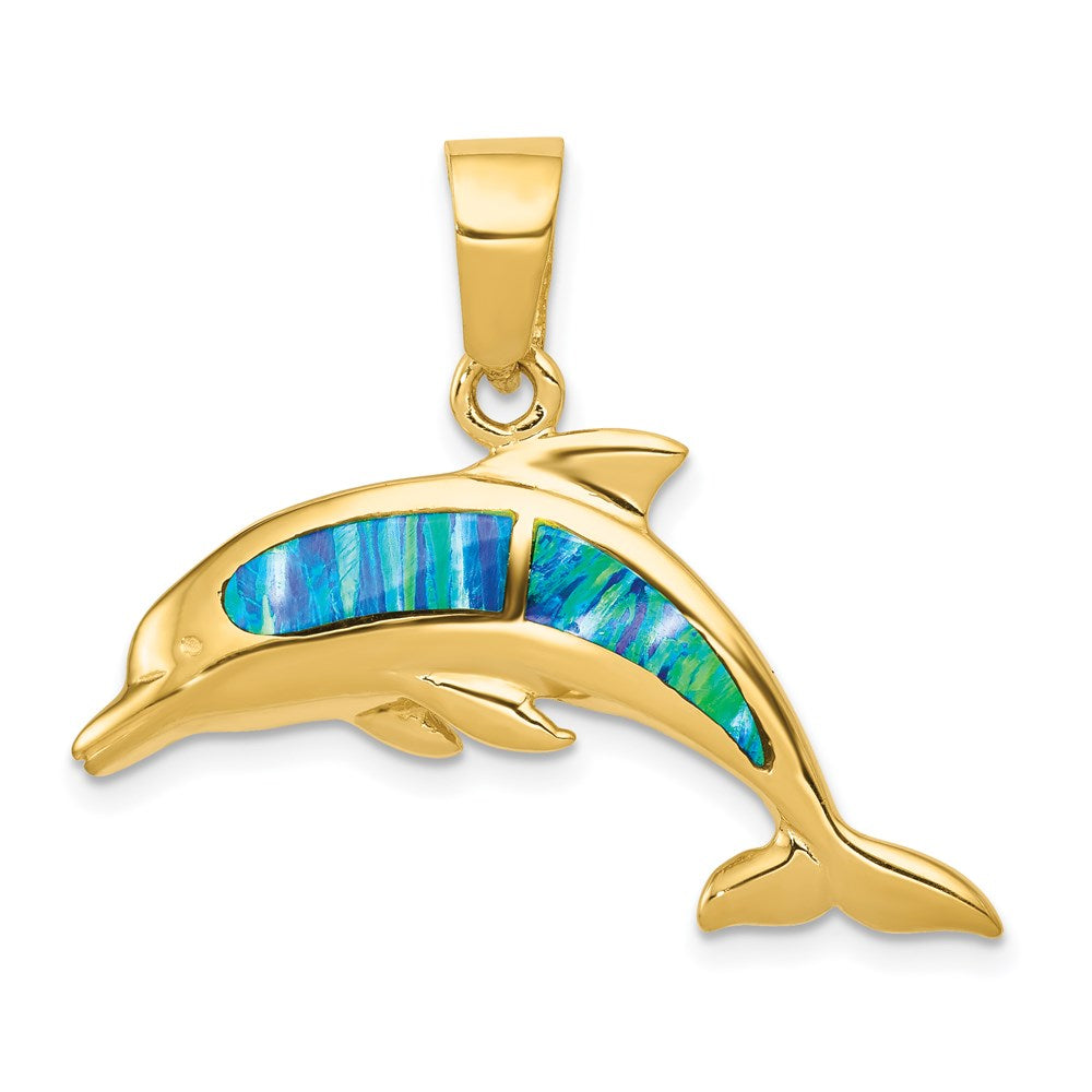 14k Yellow Gold Lab Created Opal Dolphin Pendant