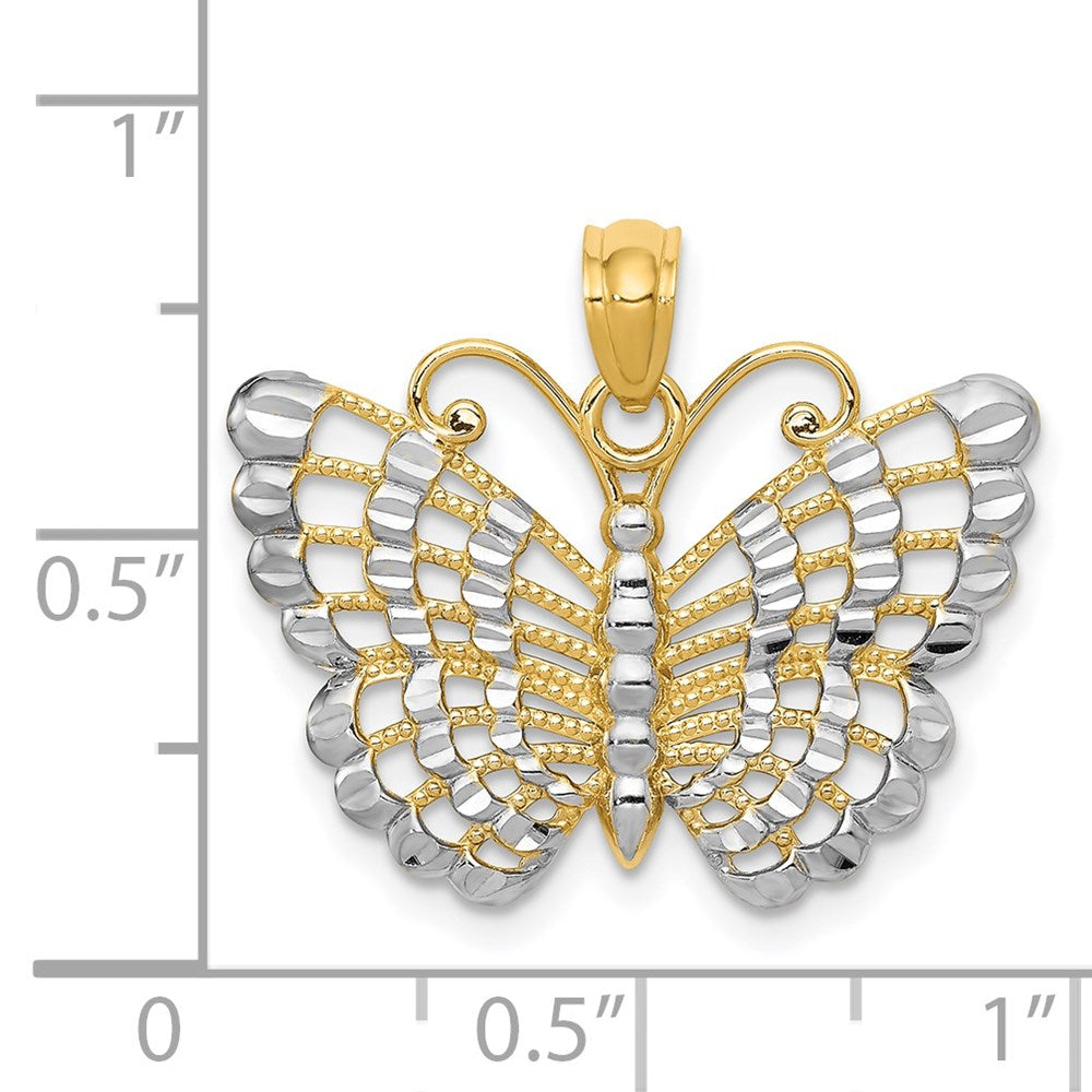 14k Yellow & Rhodium Gold and Rhodium Diamond-cut Butterfly Pendant