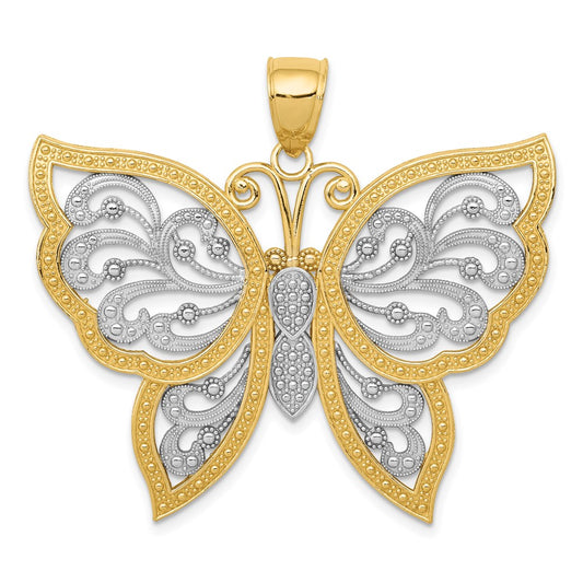 14k Yellow & Rhodium Gold w/Rhodium Diamond-cut Butterfly Pendant