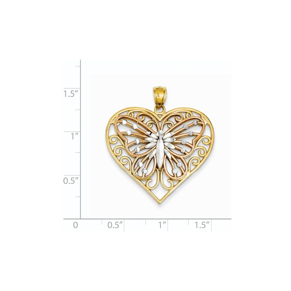 14k Yellow & Rhodium Gold Y/R Gold w/ Rhodium Diamond-cut Butterfly on Heart Pendant