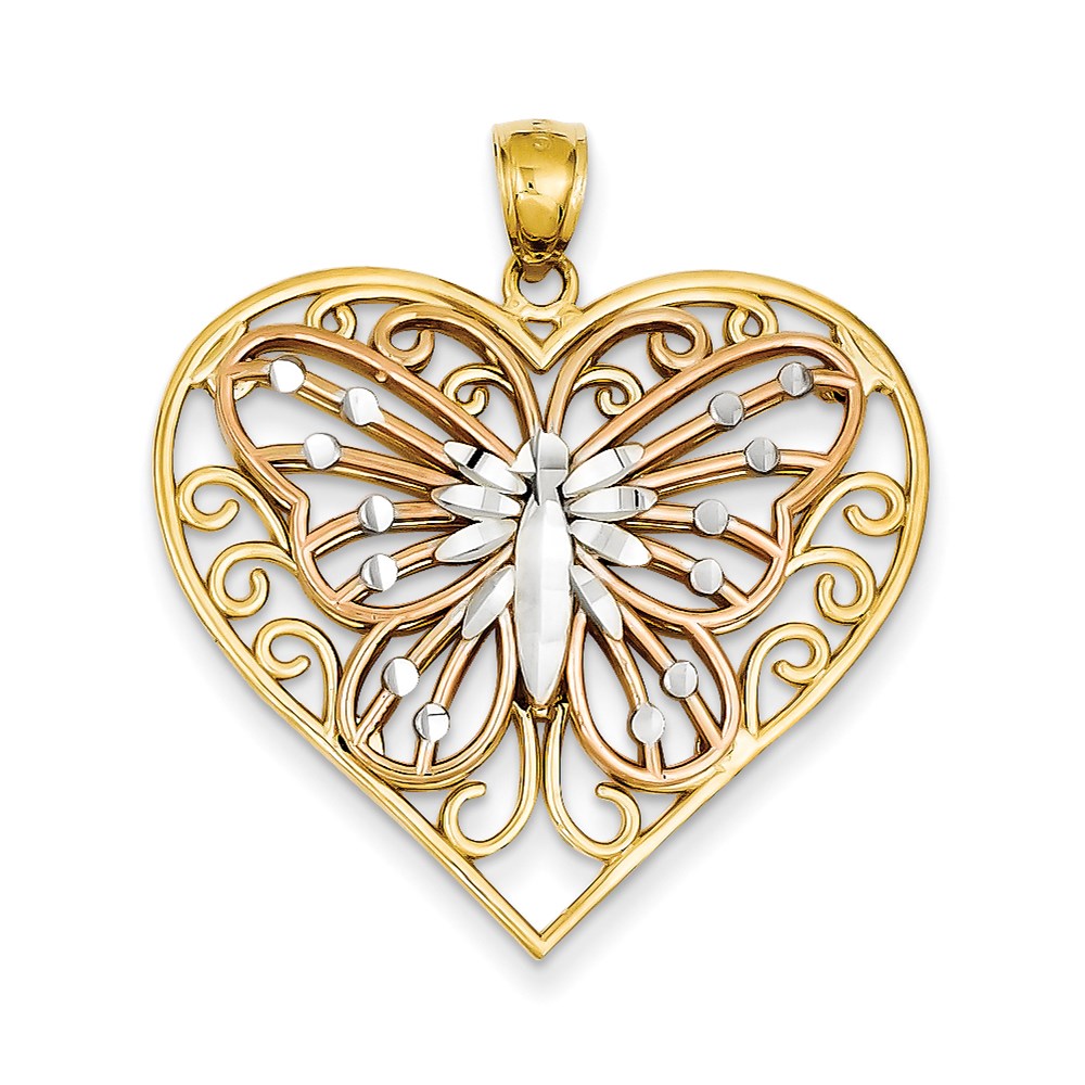 14k Yellow & Rhodium Gold Y/R Gold w/ Rhodium Diamond-cut Butterfly on Heart Pendant