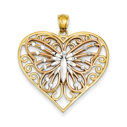 14k Yellow & Rhodium Gold Y/R Gold w/ Rhodium Diamond-cut Butterfly on Heart Pendant