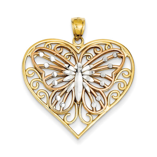 14k Yellow & Rhodium Gold Y/R Gold w/ Rhodium Diamond-cut Butterfly on Heart Pendant