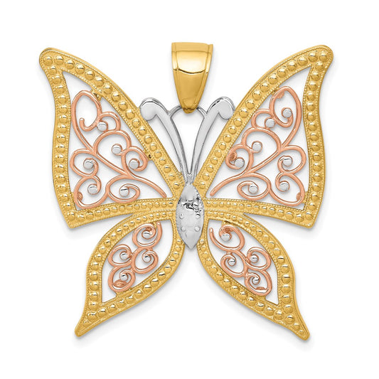 14k Two-tone Gold w/White Rhodium Diamond-cut Butterfly Pendant