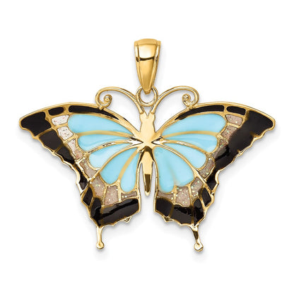 14k Yellow Gold Aqua Enameled Butterfly Pendant