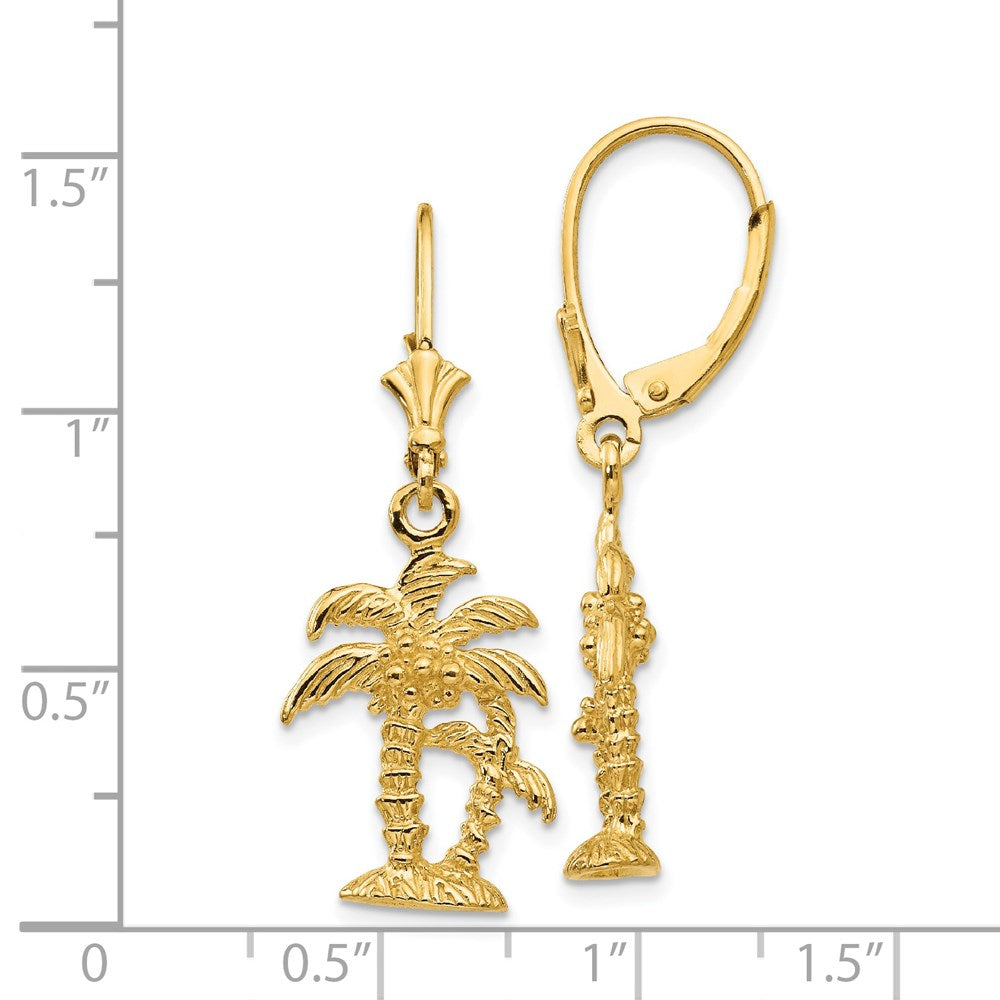 14k Yellow Gold 3-D Double Palm Trees Leverback Earrings