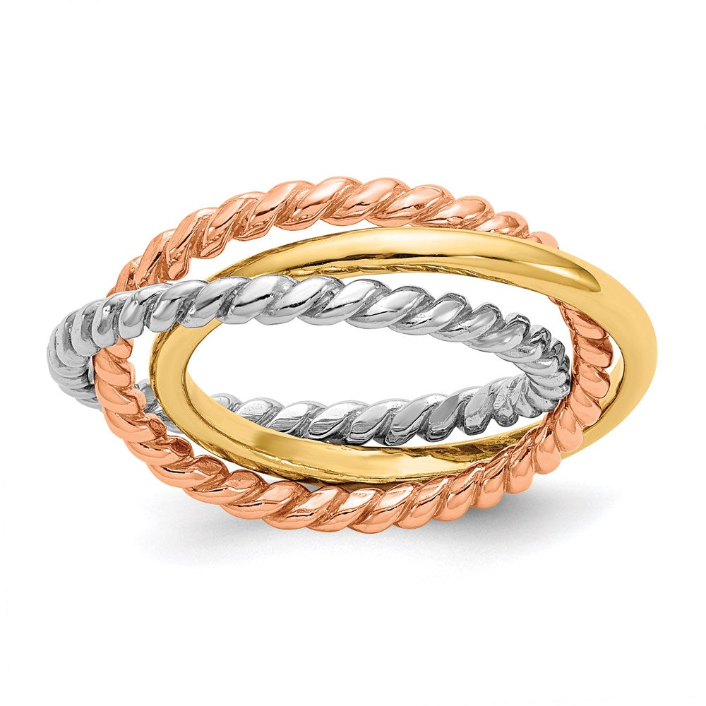 14k tri color gold rope polished 3 band interlocking ring k5787