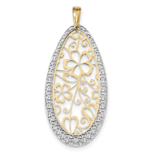 14k Two-tone Gold Polished and D/C Floral Teardrop Pendant