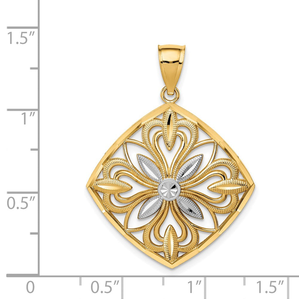 14k Yellow & Rhodium Gold w/Rhodium Diamond-cut Polished Fancy Square ...