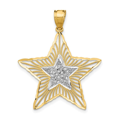 14k Yellow & Rhodium Gold w/Rhodium Diamond-cut Filigree Star Pendant