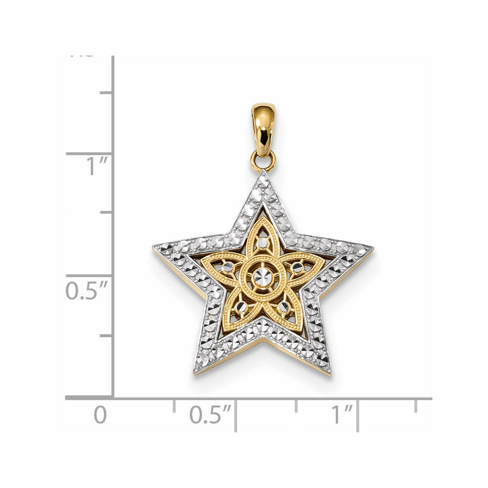 14k Yellow & Rhodium Gold w/Rhodium Diamond-cut Star Pendant