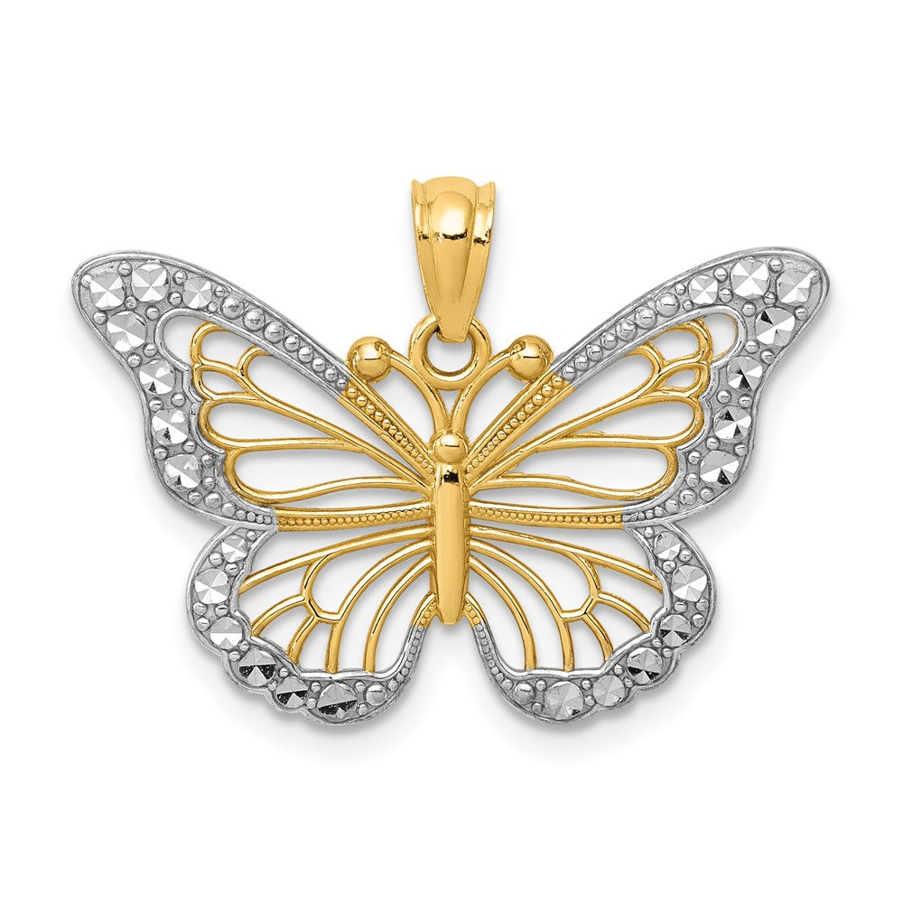 14k Yellow & Rhodium Gold w/ Rhodium Diamond-cut Polished Open Butterfly Pendant