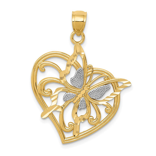 14k Yellow & Rhodium Gold w/ Rhodium Diamond-cut Polished Butterfly Heart Pendant