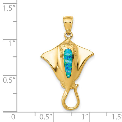 14k Yellow Gold Polished Created Blue Opal Stingray Pendant