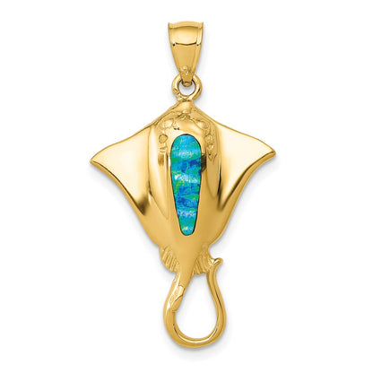 14k Yellow Gold Polished Created Blue Opal Stingray Pendant