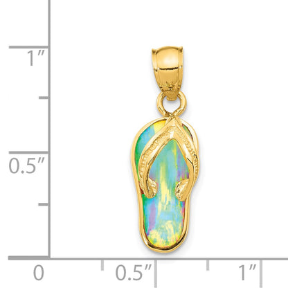 14k Yellow Gold Polished 3D w/Created White Opal Flip Flop Pendant