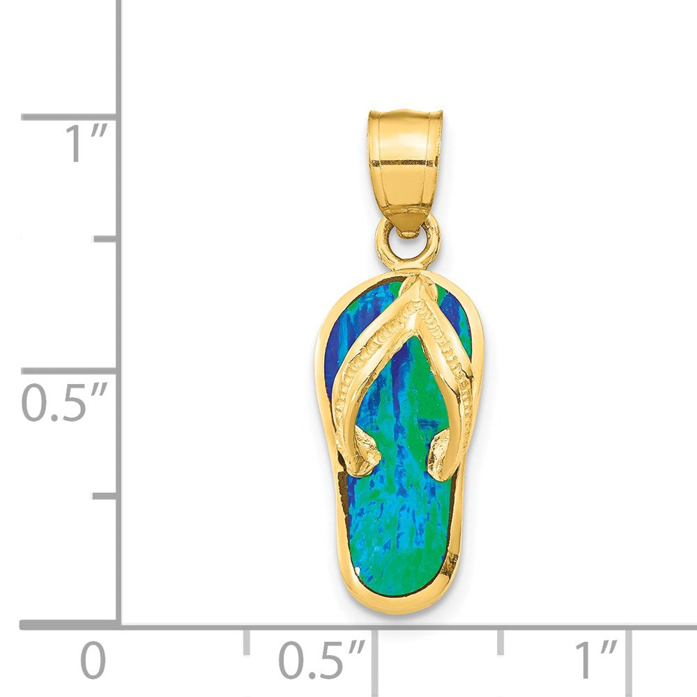 14k Yellow Gold Polished 3D w/Created Blue Opal Flip Flop Pendant