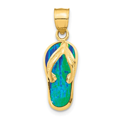 14k Yellow Gold Polished 3D w/Created Blue Opal Flip Flop Pendant