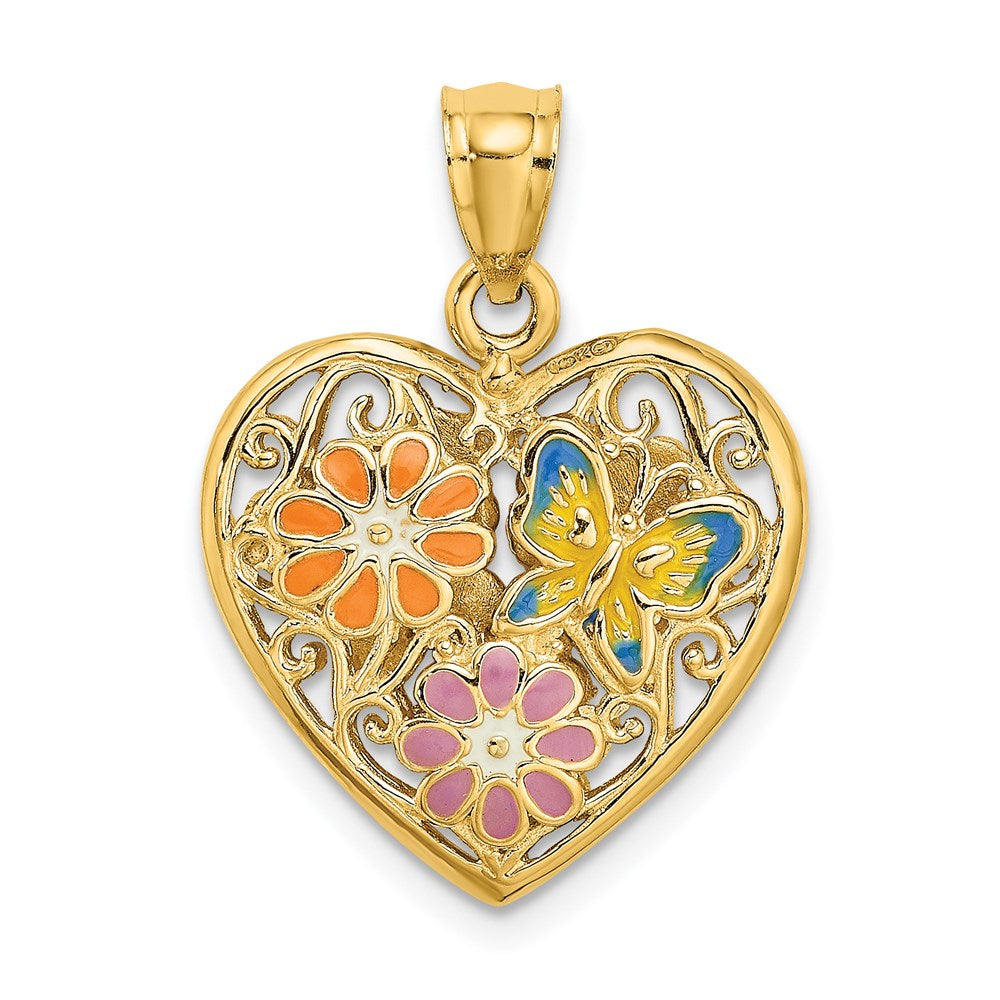 14k Yellow Gold 3D Reversible Enamel Butterfly and Flowers Heart Pendant