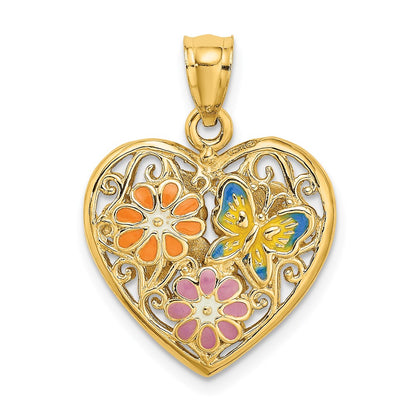 14k Yellow Gold 3D Reversible Enamel Butterfly and Flowers Heart Pendant
