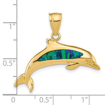 14k Yellow Gold Lab Created Opal Dolphin Pendant