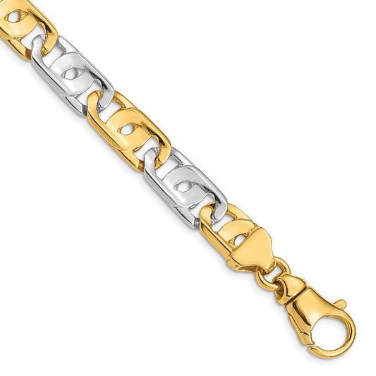 Solid 14K Two-tone Gold 9 inch 10mm Hand Polished Fancy Link with Fancy Lobster Clasp Chain Bracelet