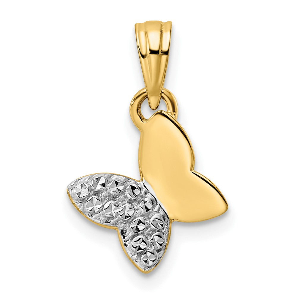 14k Yellow & Rhodium Gold and White Rhodium Half Diamond-cut Butterfly Pendant