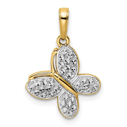 14k Yellow & Rhodium Gold and White Rhodium Diamond-cut Fancy Butterfly Pendant