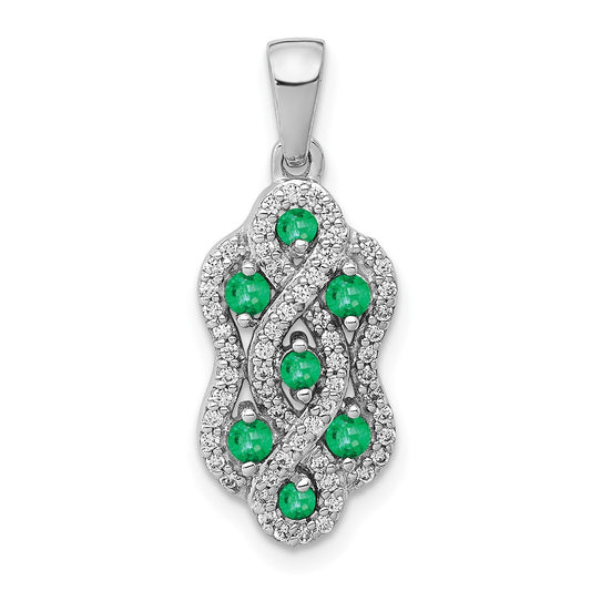 Solid 14k White Gold Twist Simulated CZ and Emerald Fancy Pendant
