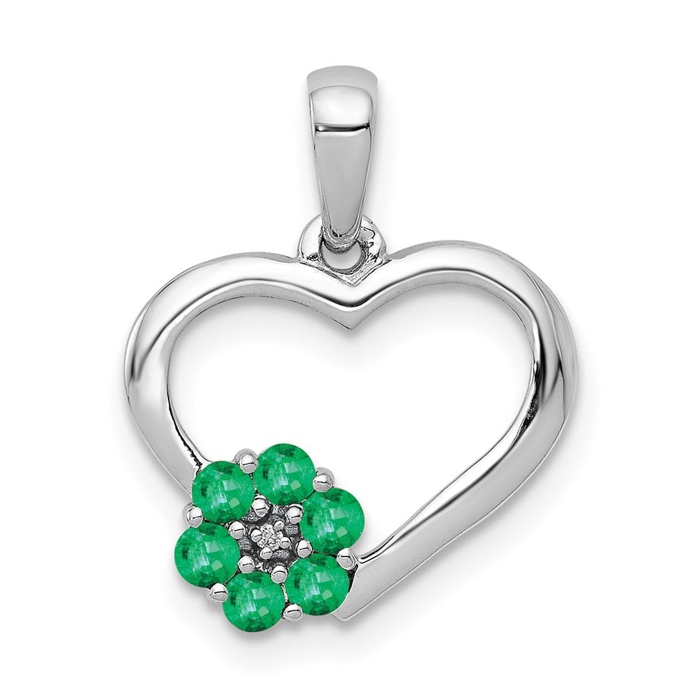 14k white gold real diamond and emerald heart and flower pendant pm5271 em 003 wa