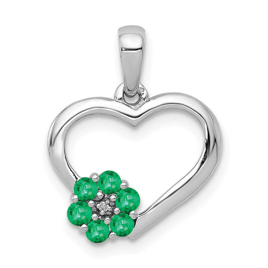 14k white gold real diamond and emerald heart and flower pendant pm5271 em 003 wa
