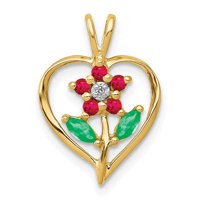 14k yellow gold siam ruby emerald real diamond flower in heart pendant pm5274 ru 001 ya
