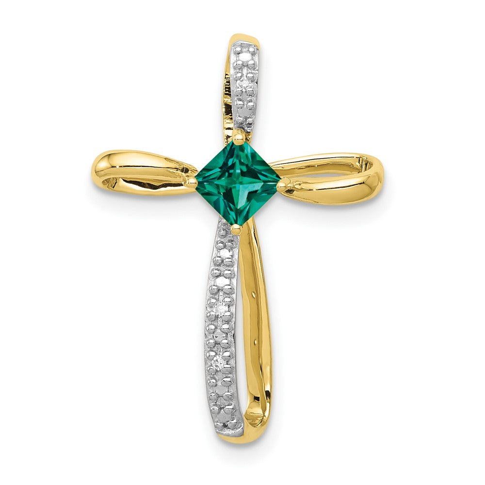 10k yellow gold w rhodium lab created emerald and real diamond cross pendant pm5278 cem 001 1ya