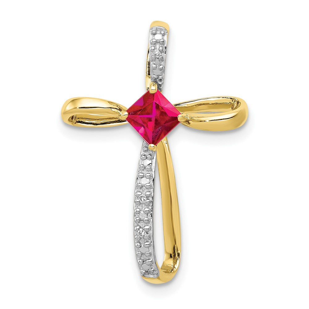 10k yellow gold and rhodium lab created ruby and real diamond cross pendant pm5278 ru 001 1ya