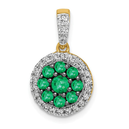 Solid 14k Yellow Gold Halo Simulated CZ and Emerald Circle Pendant