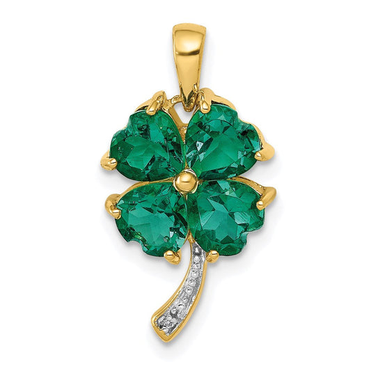 14k yellow gold created emerald and real diamond four leaf clover pendant pm5293 cem 003 ya