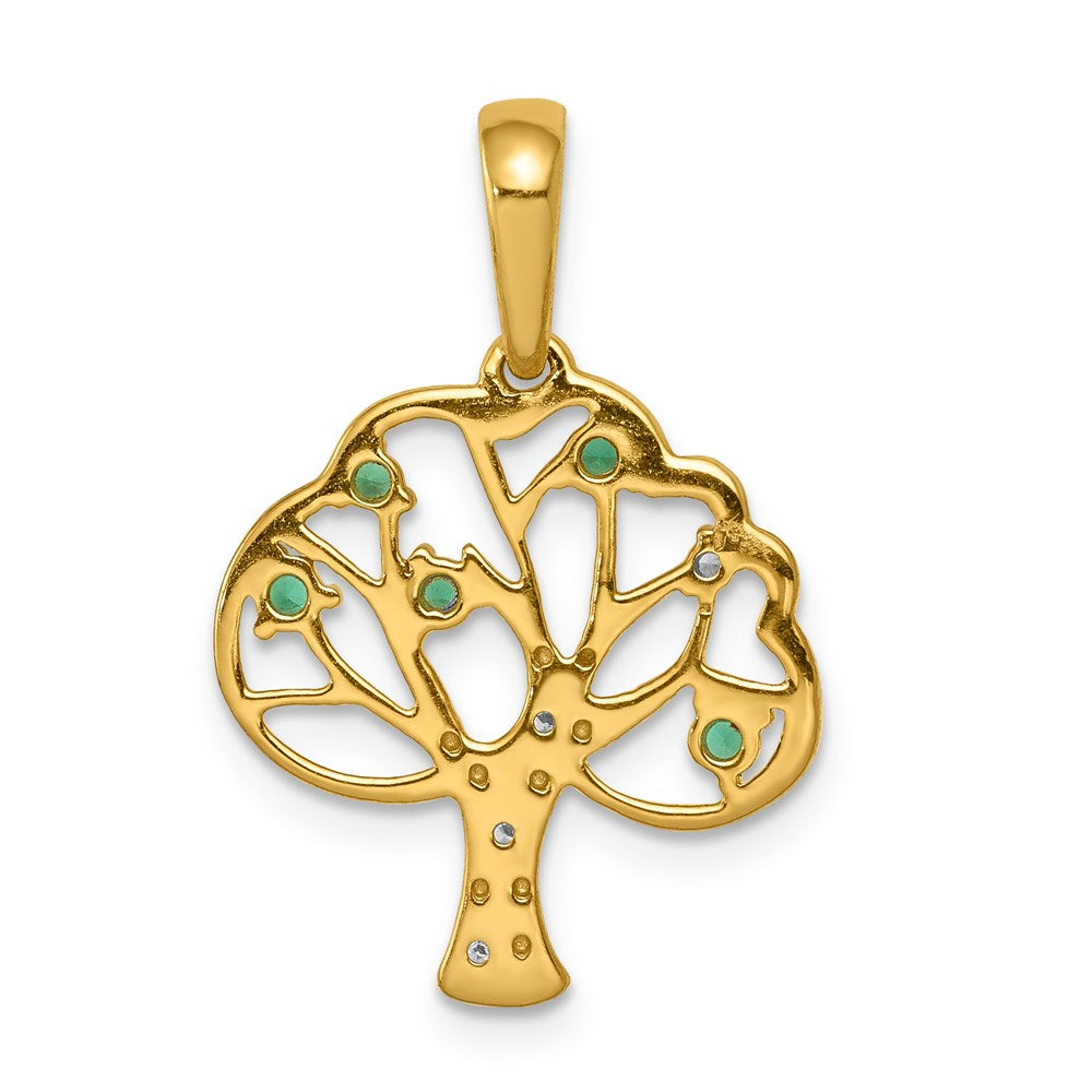 14k yellow gold created emerald and real diamond polished tree pendant pm5294 cem 002 ya