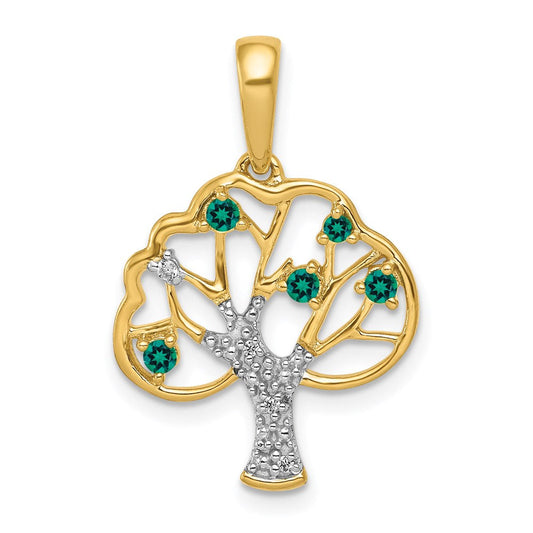 14k yellow gold created emerald and real diamond polished tree pendant pm5294 cem 002 ya
